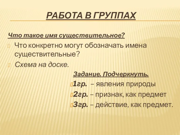 Работа в группах Что такое имя существительное? Что конкретно могут обозначать имена