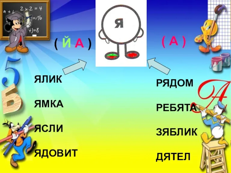 ЯЛИК ЯМКА ЯСЛИ ЯДОВИТ РЯДОМ РЕБЯТА ЗЯБЛИК ДЯТЕЛ ( Й А ) ( А )