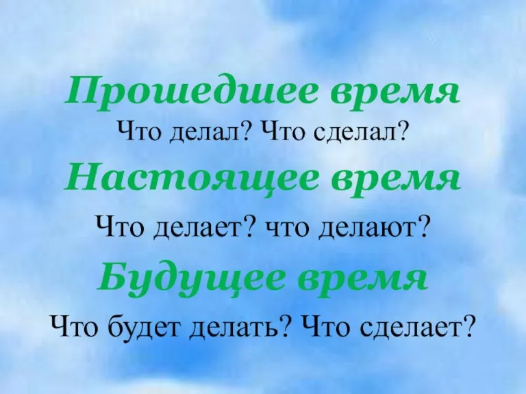 Прошедшее время Что делал? Что сделал? Настоящее время Что делает? что делают?