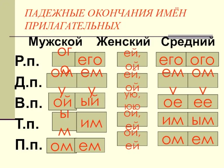 ПАДЕЖНЫЕ ОКОНЧАНИЯ ИМЁН ПРИЛАГАТЕЛЬНЫХ Мужской Женский Средний Р.п. Д.п. В.п. Т.п. П.п.