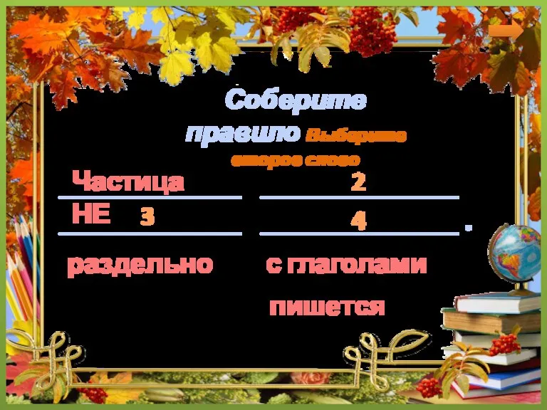 Частица НЕ с глаголами пишется раздельно Соберите правило Выберите второе слово ____________