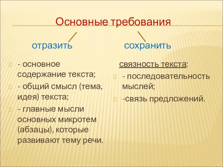 Основные требования - основное содержание текста; - общий смысл (тема, идея) текста;