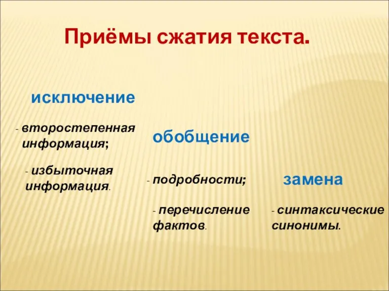 Приёмы сжатия текста. исключение обобщение замена второстепенная информация; - избыточная информация. -