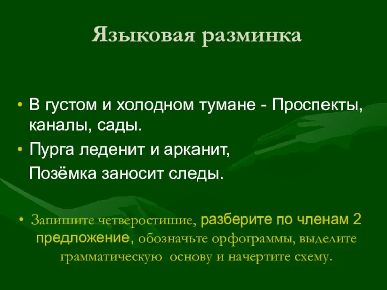 Языковая разминка В густом и холодном тумане - Проспекты, каналы, сады. Пурга