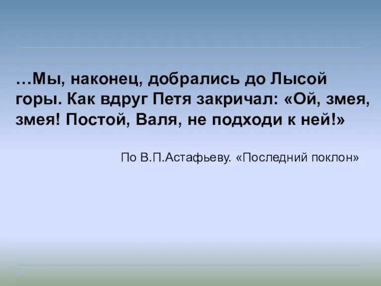 …Мы, наконец, добрались до Лысой горы. Как вдруг Петя закричал: «Ой, змея,