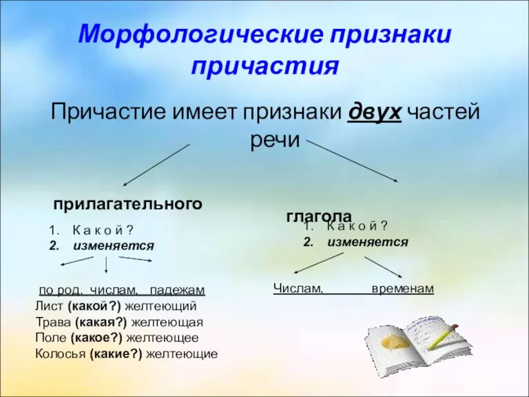 Морфологические признаки причастия Причастие имеет признаки двух частей речи прилагательного глагола К