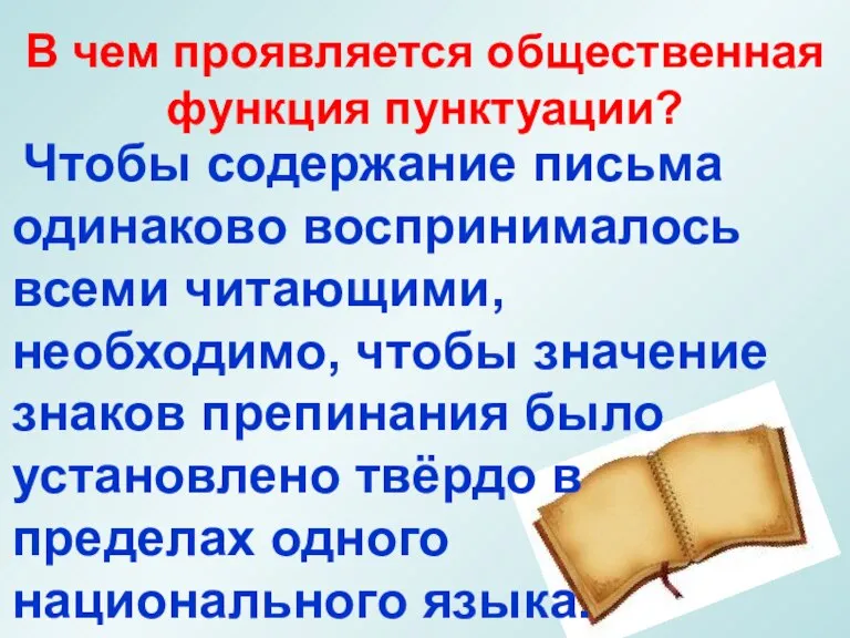 В чем проявляется общественная функция пунктуации? Чтобы содержание письма одинаково воспринималось всеми