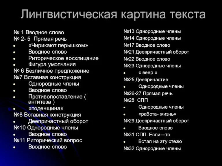 Лингвистическая картина текста № 1 Вводное слово № 2- 5 Прямая речь