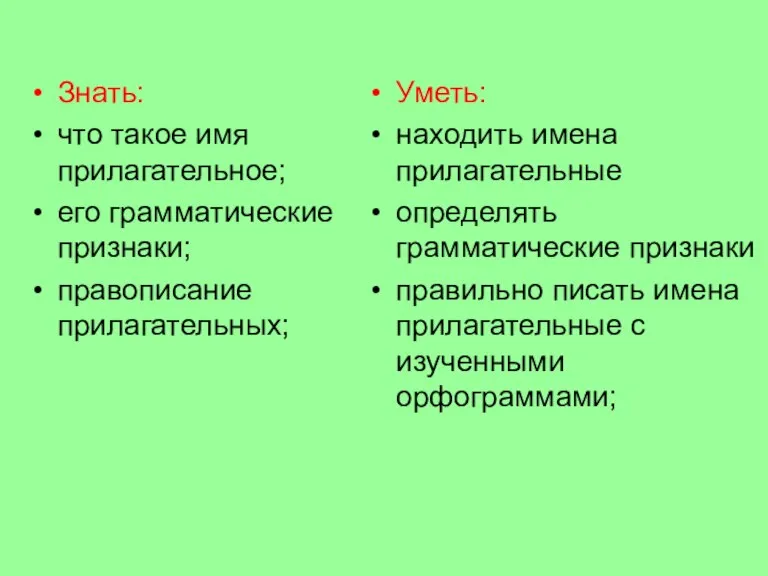 Знать: что такое имя прилагательное; его грамматические признаки; правописание прилагательных; Уметь: находить