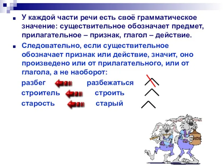 У каждой части речи есть своё грамматическое значение: существительное обозначает предмет, прилагательное