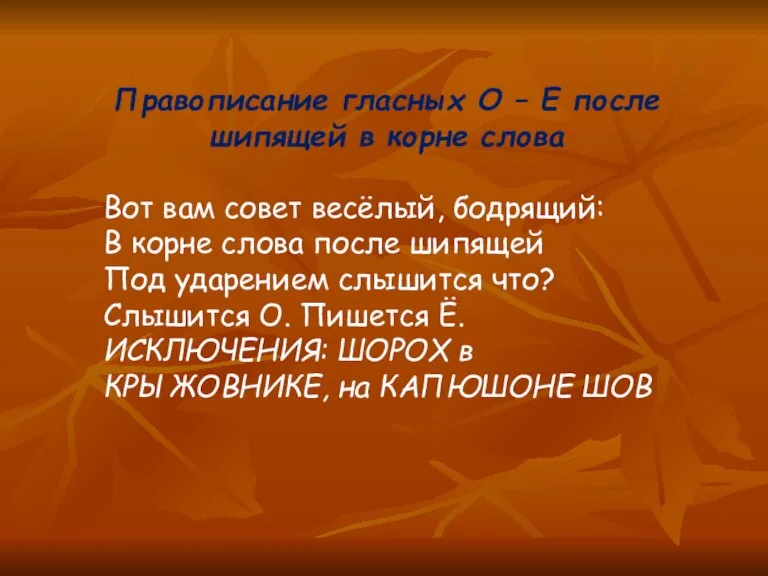 Правописание гласных О – Е после шипящей в корне слова Вот вам