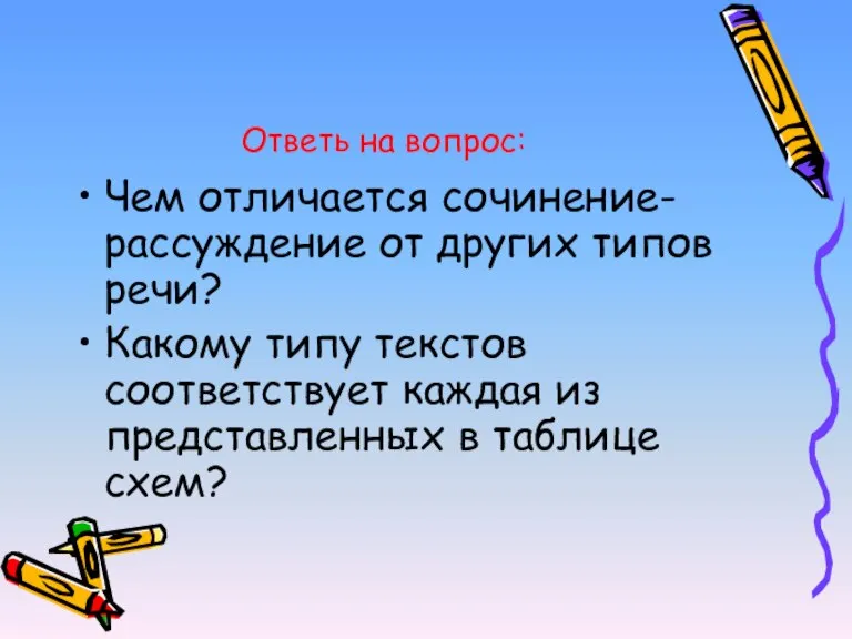 Ответь на вопрос: Чем отличается сочинение-рассуждение от других типов речи? Какому типу