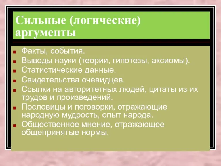 Сильные (логические) аргументы Факты, события. Выводы науки (теории, гипотезы, аксиомы). Статистические данные.