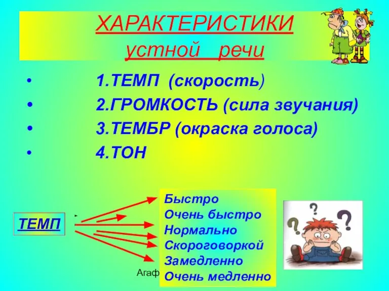 Агафонова Е.Е. ХАРАКТЕРИСТИКИ устной речи 1.ТЕМП (скорость) 2.ГРОМКОСТЬ (сила звучания) 3.ТЕМБР (окраска