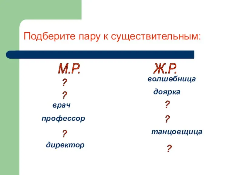 Подберите пару к существительным: волшебница доярка врач профессор танцовщица директор М.Р. Ж.Р.