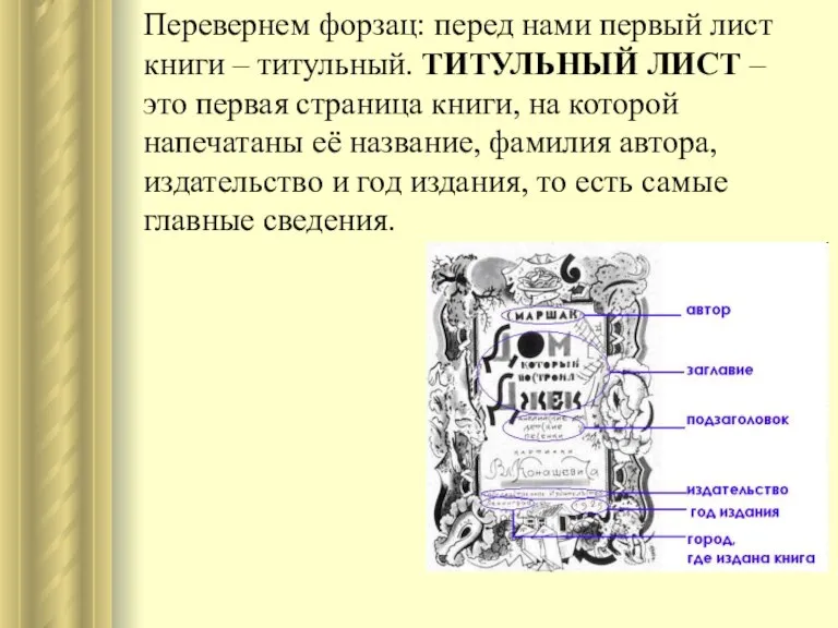 Перевернем форзац: перед нами первый лист книги – титульный. ТИТУЛЬНЫЙ ЛИСТ –