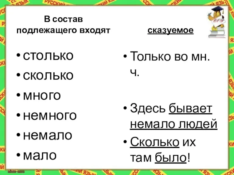 В состав подлежащего входят столько сколько много немного немало мало сказуемое Только