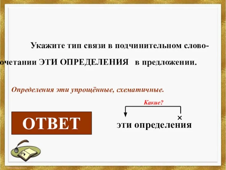 Укажите тип связи в подчинительном слово-сочетании ЭТИ ОПРЕДЕЛЕНИЯ в предложении. Определения эти