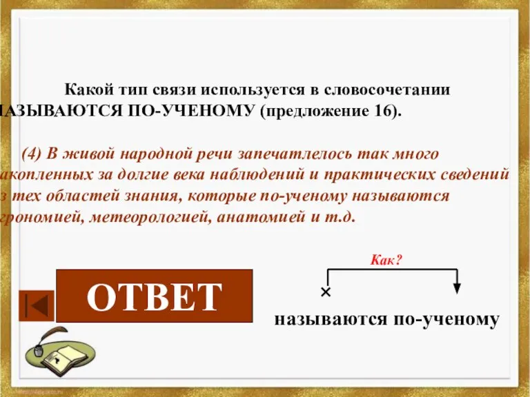 Какой тип связи используется в словосочетании НАЗЫВАЮТСЯ ПО-УЧЕНОМУ (предложение 16). (4) В