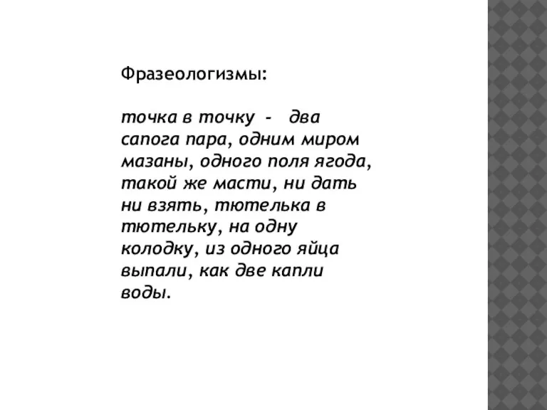 Фразеологизмы: точка в точку - два сапога пара, одним миром мазаны, одного