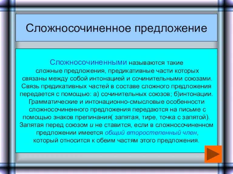 Сложносочиненное предложение Сложносочиненными называются такие сложные предложения, предикативные части которых связаны между