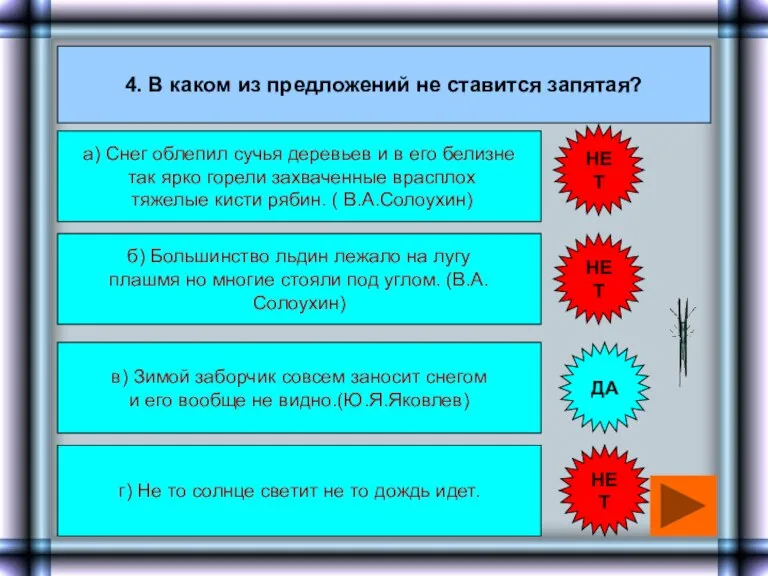 4. В каком из предложений не ставится запятая? а) Снег облепил сучья