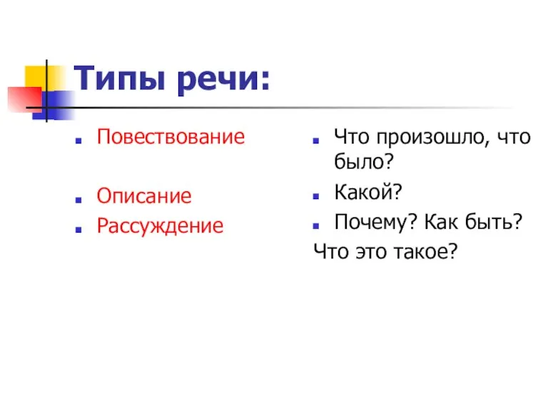 Типы речи: Повествование Описание Рассуждение Что произошло, что было? Какой? Почему? Как быть? Что это такое?