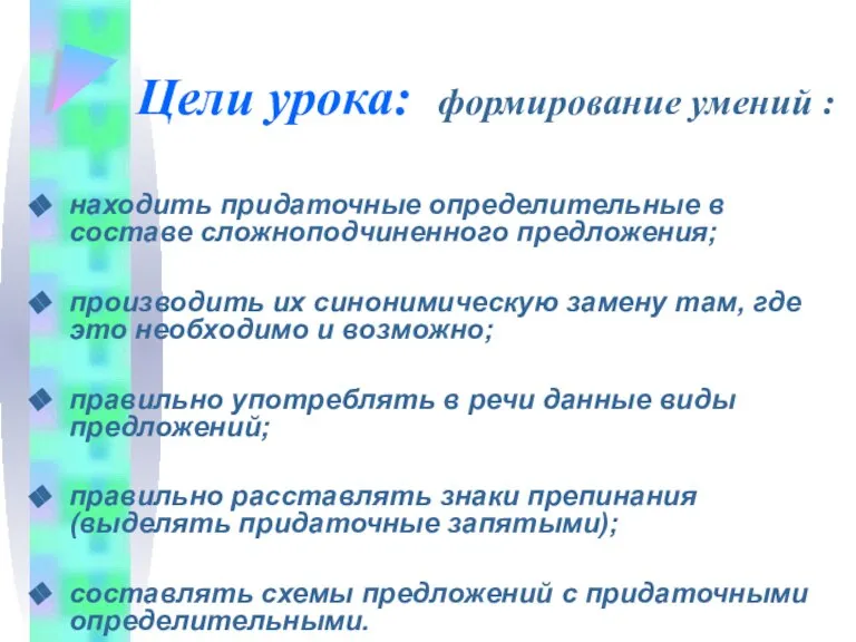 Цели урока: формирование умений : находить придаточные определительные в составе сложноподчиненного предложения;