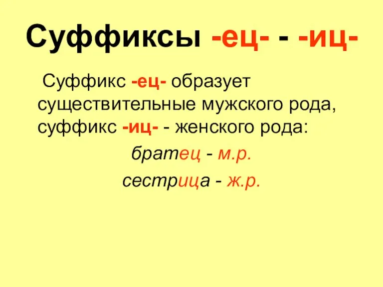 Суффиксы -ец- - -иц- Суффикс -ец- образует существительные мужского рода, суффикс -иц-