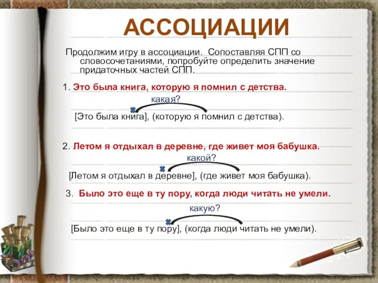 АССОЦИАЦИИ Продолжим игру в ассоциации. Сопоставляя СПП со словосочетаниями, попробуйте определить значение