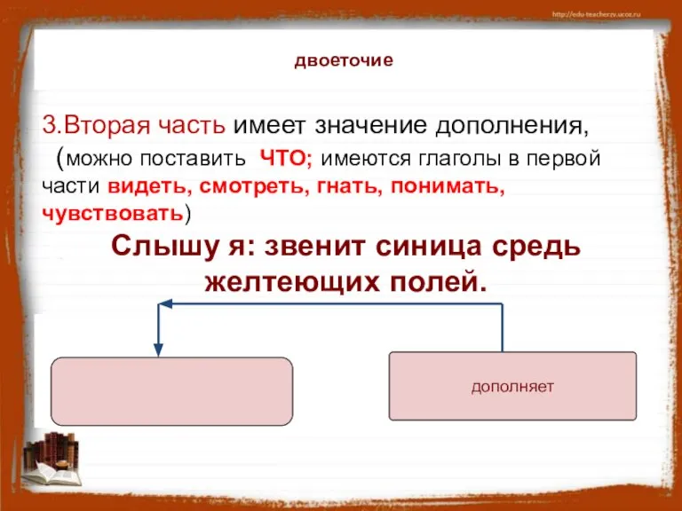 3.Вторая часть имеет значение дополнения, (можно поставить ЧТО; имеются глаголы в первой