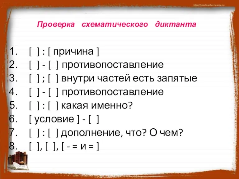 Проверка схематического диктанта Проверка схематического диктанта [ ] : [ причина ]