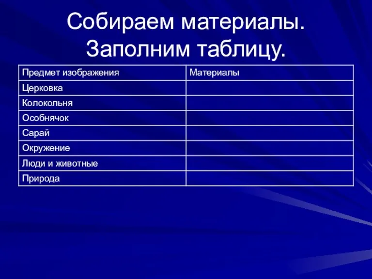 Собираем материалы. Заполним таблицу.