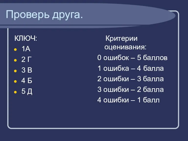 Проверь друга. КЛЮЧ: 1А 2 Г 3 В 4 Б 5 Д