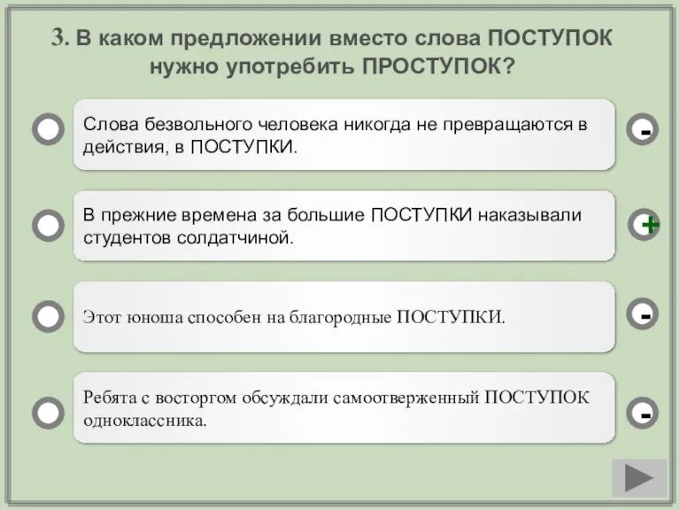 3. В каком предложении вместо слова ПОСТУПОК нужно употребить ПРОСТУПОК? Слова безвольного