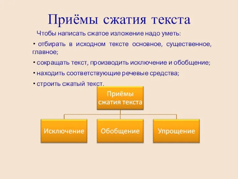 Приёмы сжатия текста Чтобы написать сжатое изложение надо уметь: отбирать в исходном