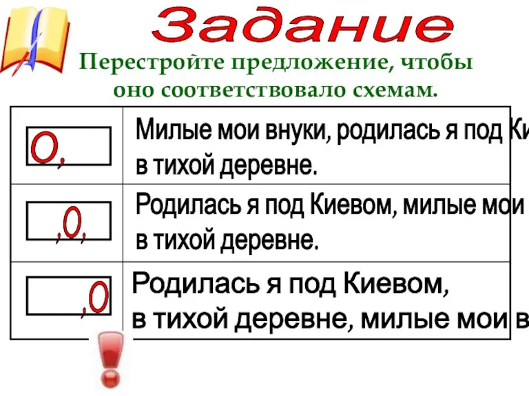 Перестройте предложение, чтобы оно соответствовало схемам. Задание О, ,О, ,О Милые мои