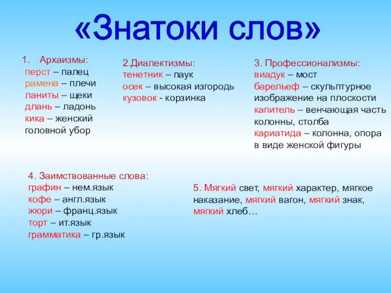 «Знатоки слов» Архаизмы: перст – палец рамена – плечи ланиты – щеки