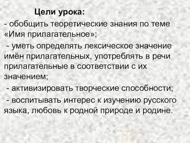 Цели урока: - обобщить теоретические знания по теме «Имя прилагательное»; - уметь