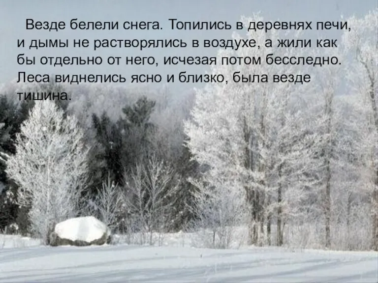 Везде белели снега. Топились в деревнях печи, и дымы не растворялись в