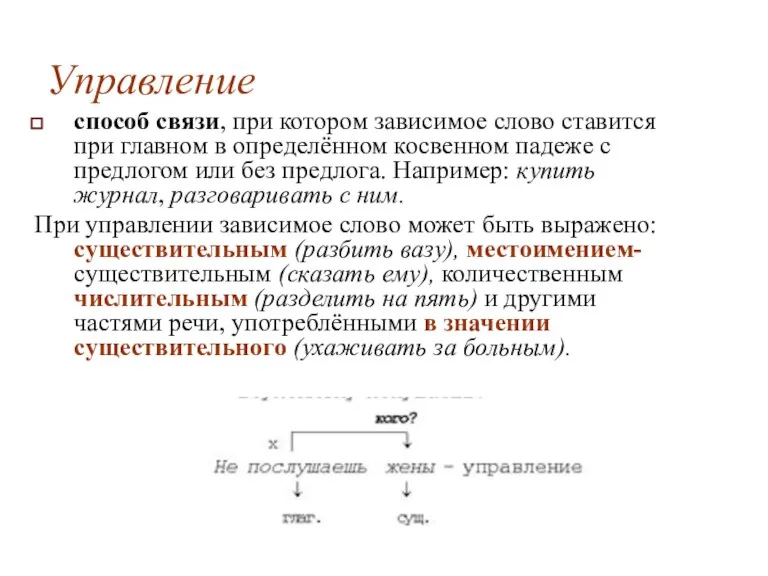 Управление способ связи, при котором зависимое слово ставится при главном в определённом