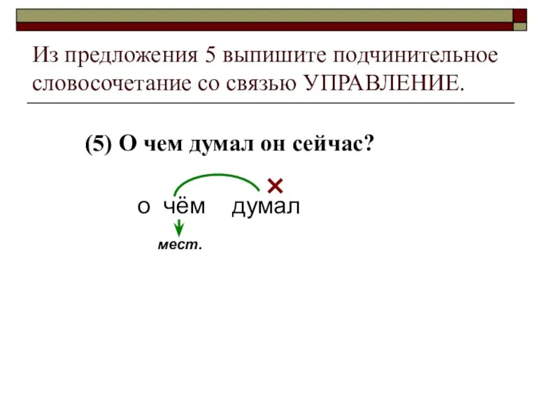 Из предложения 5 выпишите подчинительное словосочетание со связью УПРАВЛЕНИЕ. (5) О чем