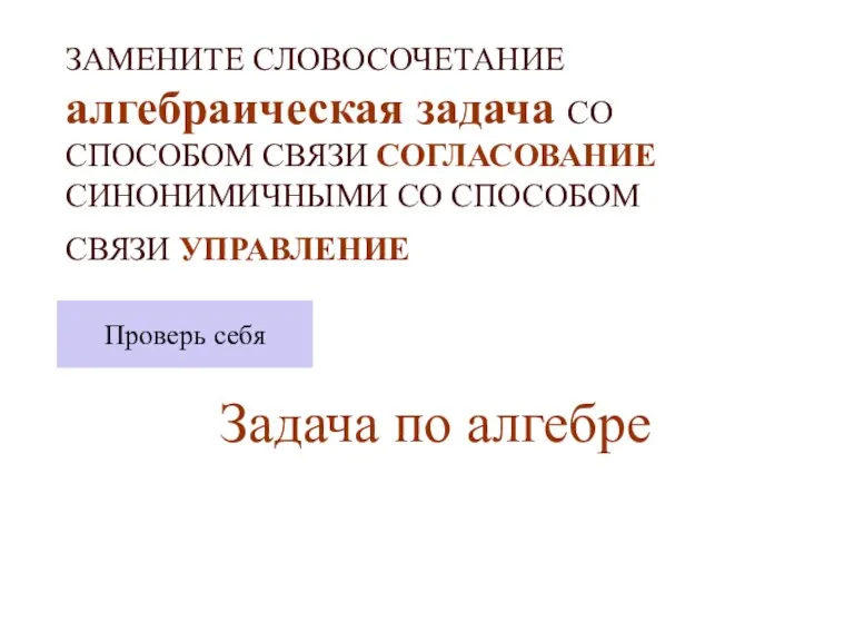 ЗАМЕНИТЕ СЛОВОСОЧЕТАНИЕ алгебраическая задача СО СПОСОБОМ СВЯЗИ СОГЛАСОВАНИЕ СИНОНИМИЧНЫМИ СО СПОСОБОМ СВЯЗИ