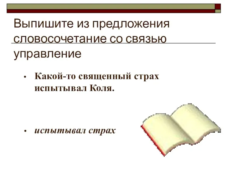 Выпишите из предложения словосочетание со связью управление Какой-то священный страх испытывал Коля. испытывал страх