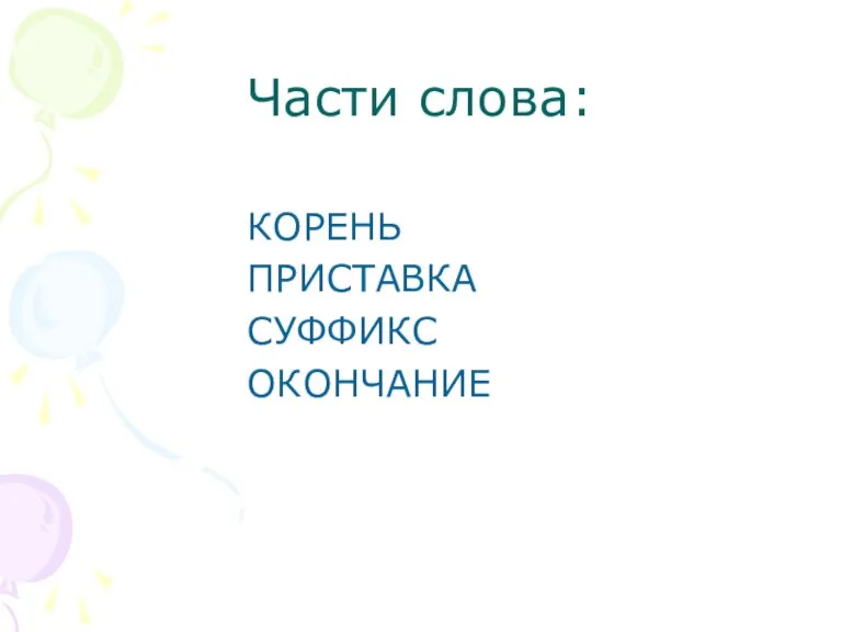 Части слова: КОРЕНЬ ПРИСТАВКА СУФФИКС ОКОНЧАНИЕ