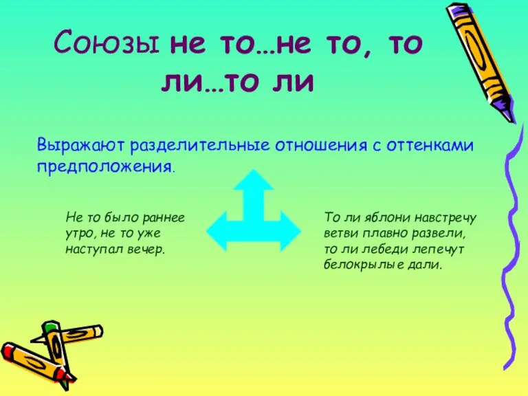 Союзы не то…не то, то ли…то ли Выражают разделительные отношения с оттенками