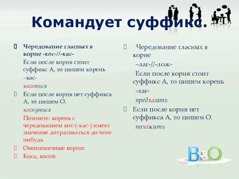 Командует суффикс. Чередование гласных в корне -кос-//-кас- Если после корня стоит суффикс