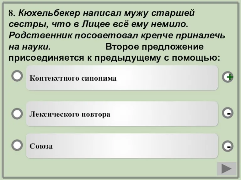 8. Кюхельбекер написал мужу старшей сестры, что в Лицее всё ему немило.