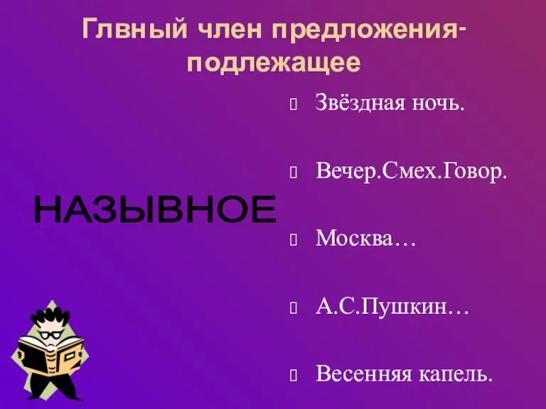 Глвный член предложения-подлежащее Звёздная ночь. Вечер.Смех.Говор. Москва… А.С.Пушкин… Весенняя капель. НАЗЫВНОЕ