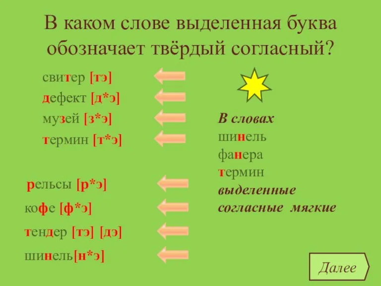 В каком слове выделенная буква обозначает твёрдый согласный? шинель термин дефект [д*э]